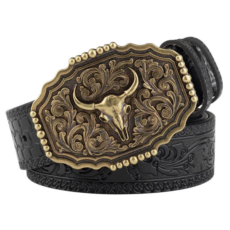 Men's Classic Floral Bull Skull Leather Belt