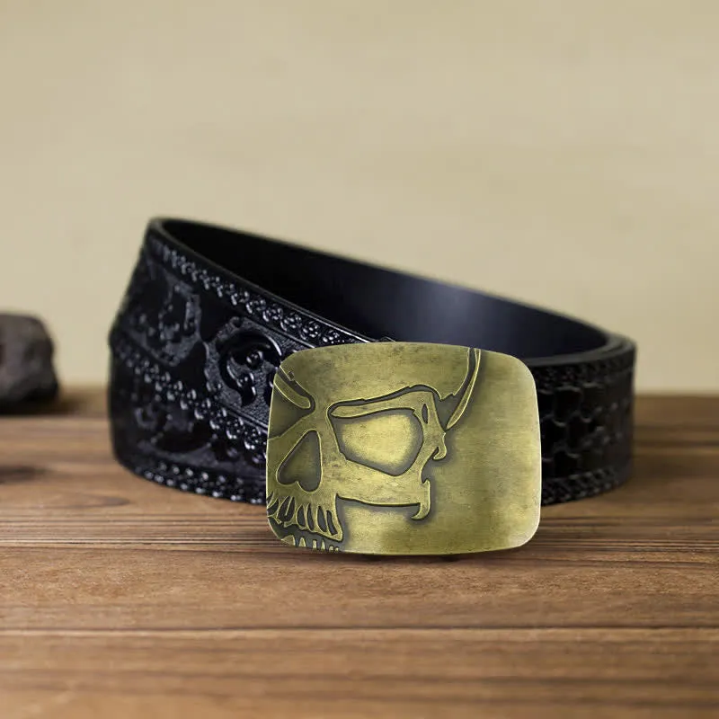 Men's DIY Bronze Embossed Skull Buckle Leather Belt