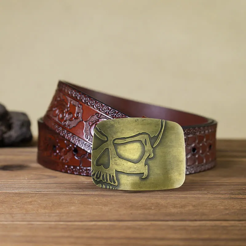 Men's DIY Bronze Embossed Skull Buckle Leather Belt