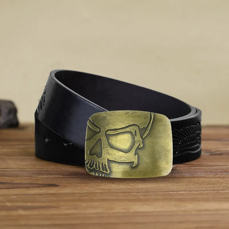 Men's DIY Bronze Embossed Skull Buckle Leather Belt