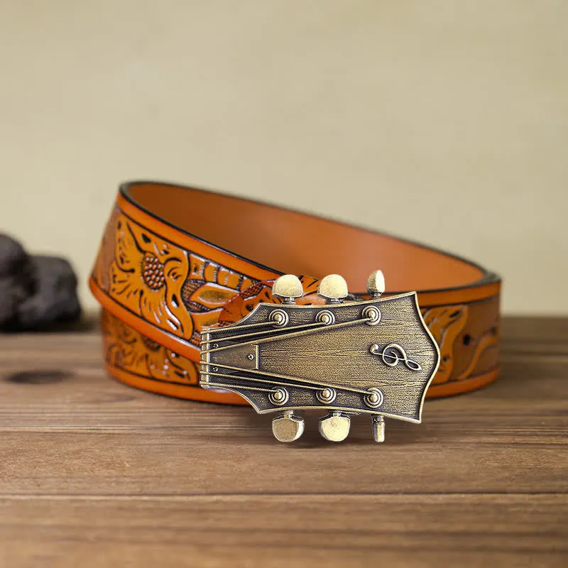 Men's DIY Bronze Guitar Music Buckle Leather Belt