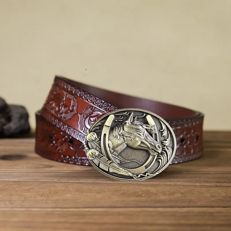 Men's DIY Bronze Horse Horseshoe Buckle Leather Belt