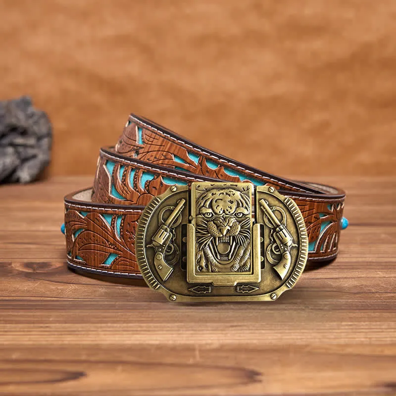 Men's DIY Bronze Tiger Wildlife Leather Belt with Hidden Lighter