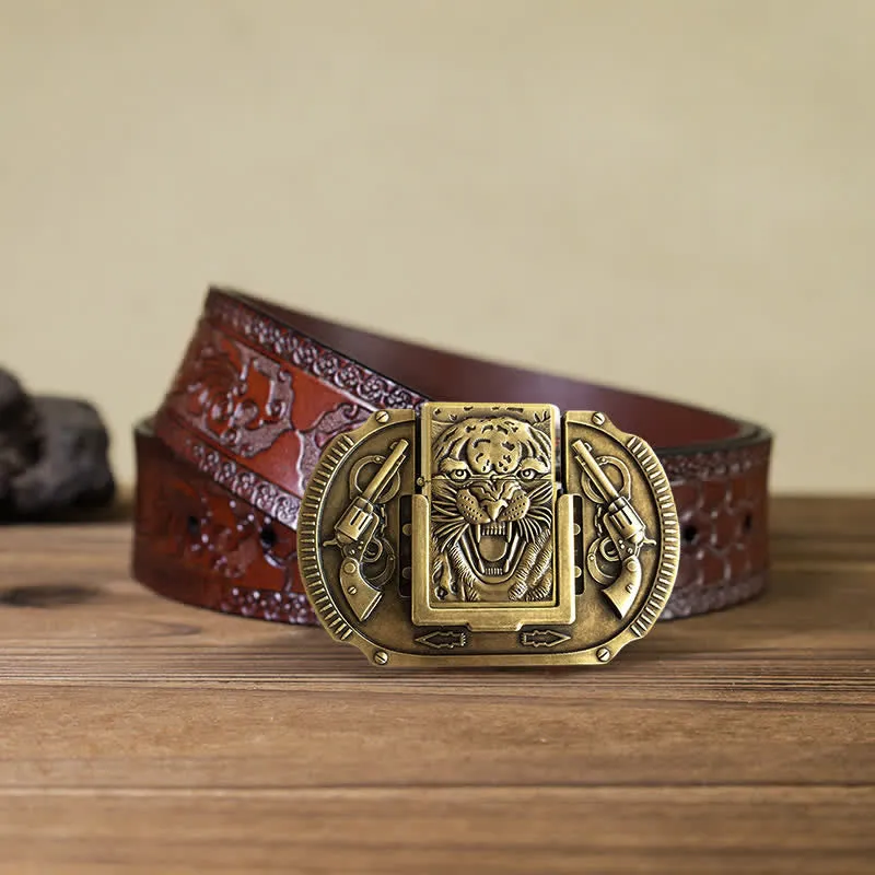 Men's DIY Bronze Tiger Wildlife Leather Belt with Hidden Lighter