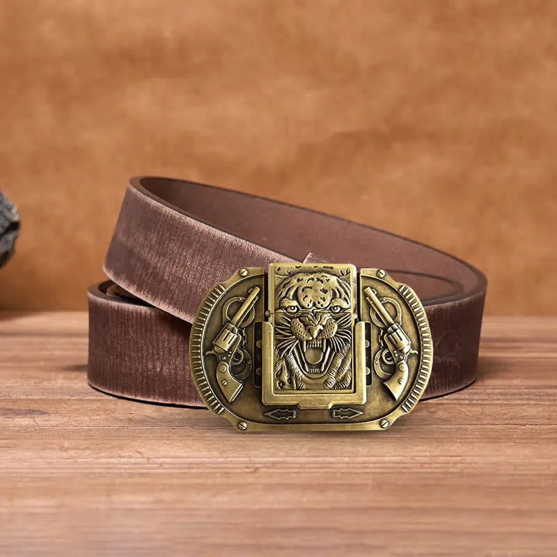 Men's DIY Bronze Tiger Wildlife Leather Belt with Hidden Lighter