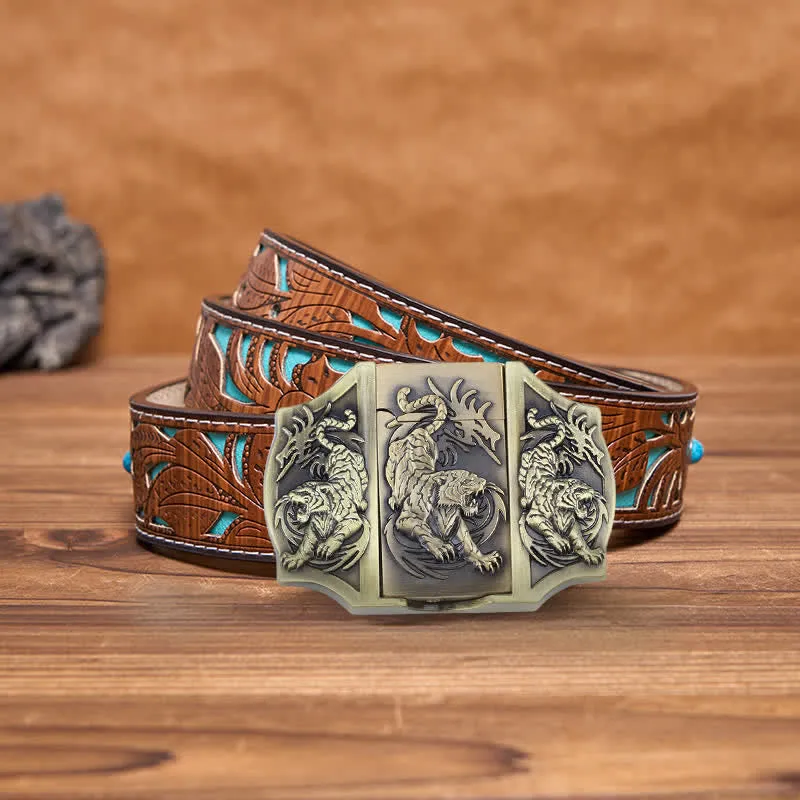 Men's DIY Bronze Triple Tiger Leather Belt with Hidden Lighter