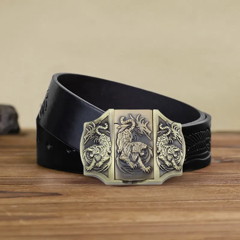 Men's DIY Bronze Triple Tiger Leather Belt with Hidden Lighter