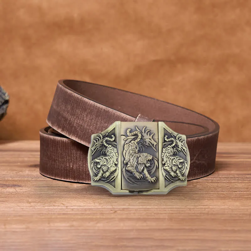 Men's DIY Bronze Triple Tiger Leather Belt with Hidden Lighter