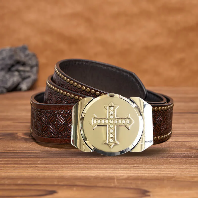 Men's DIY Cross Rhinestone Bronze Leather Belt with Hidden Lighter