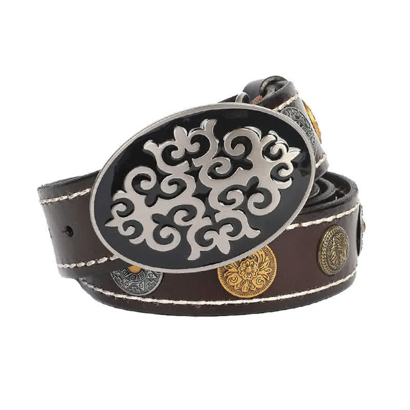 Men's Ethnic Carved Flower & Lion Head Rivet Leather Belt