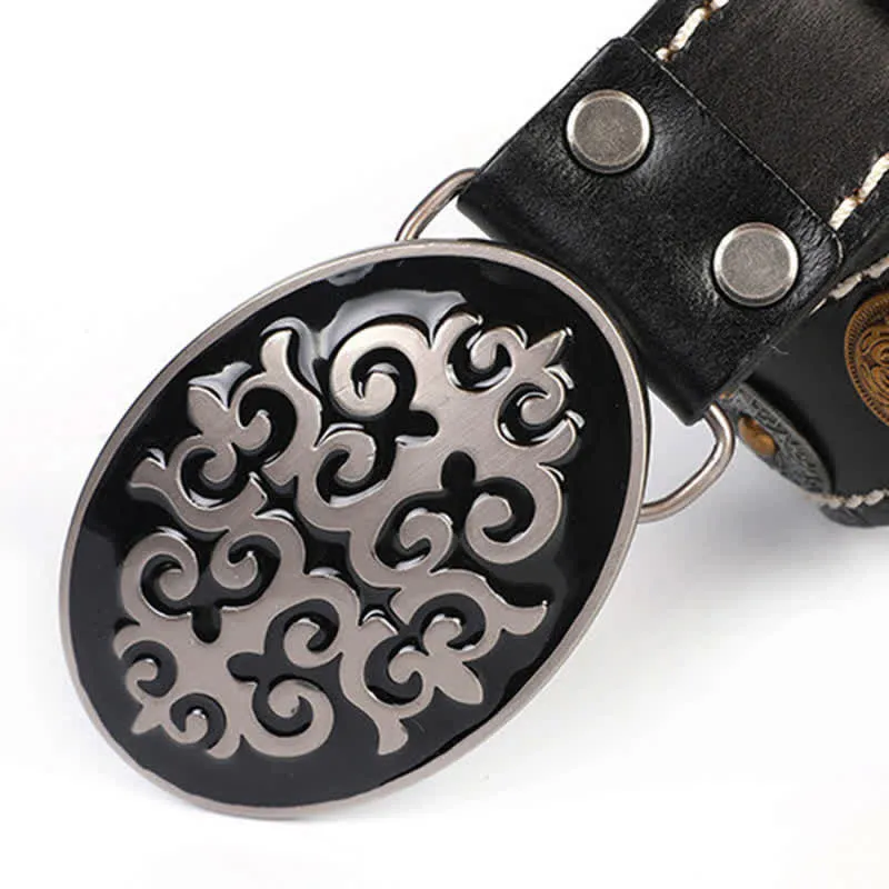 Men's Ethnic Carved Flower & Lion Head Rivet Leather Belt