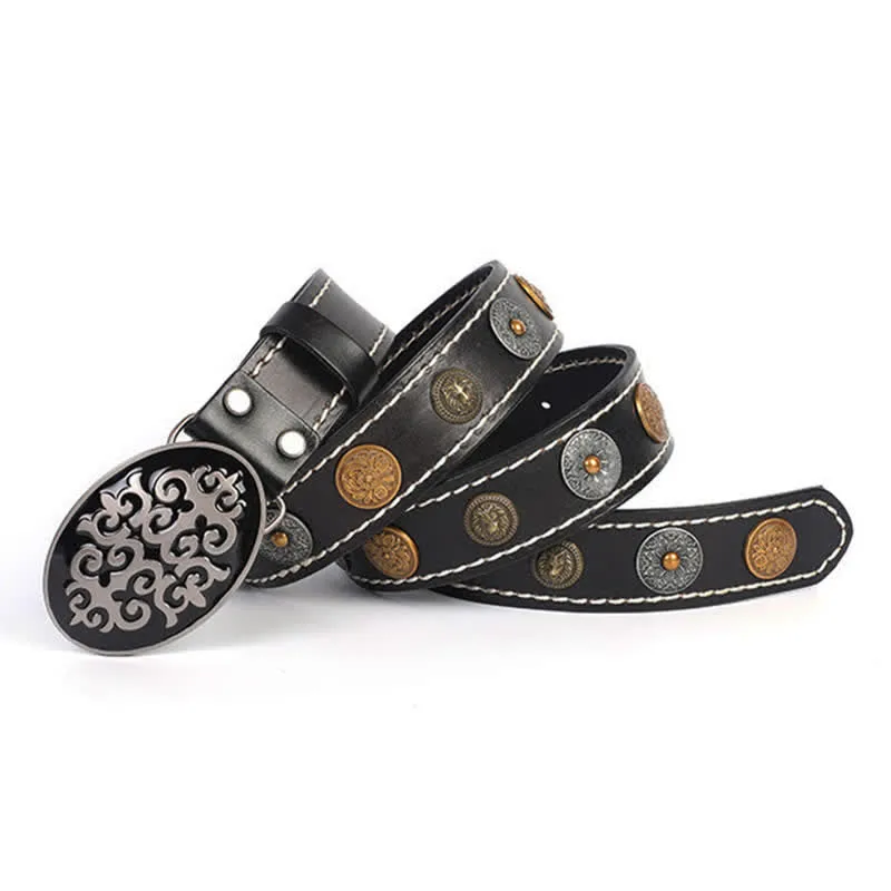 Men's Ethnic Carved Flower & Lion Head Rivet Leather Belt