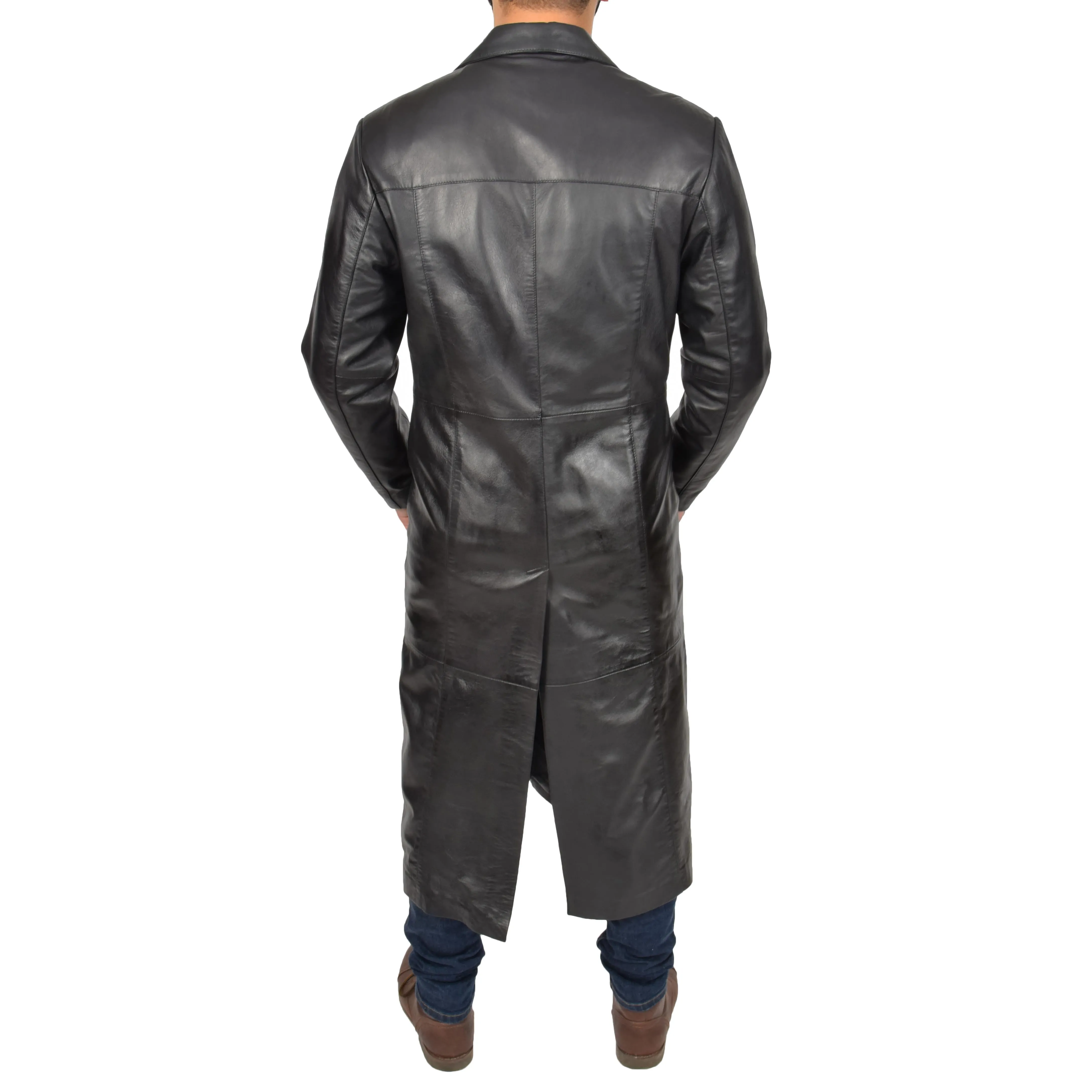 Mens Leather Overcoat Full Length Trench Coat Blade Black