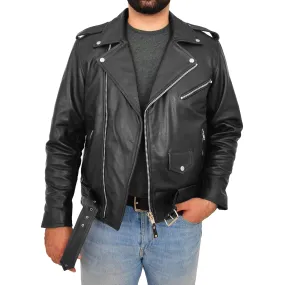 Mens Real Cowhide Biker Leather Jacket Rock Black