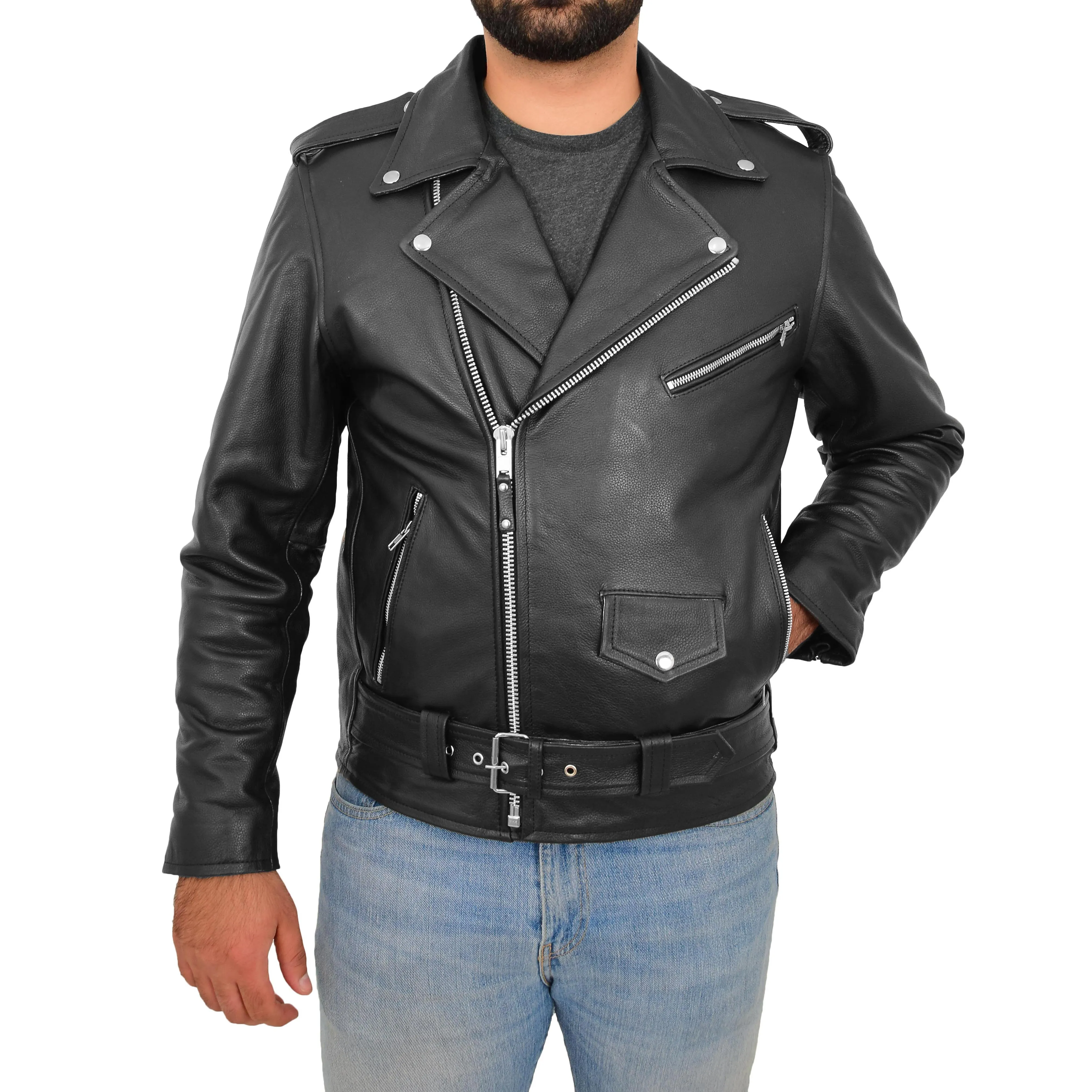 Mens Real Cowhide Biker Leather Jacket Rock Black