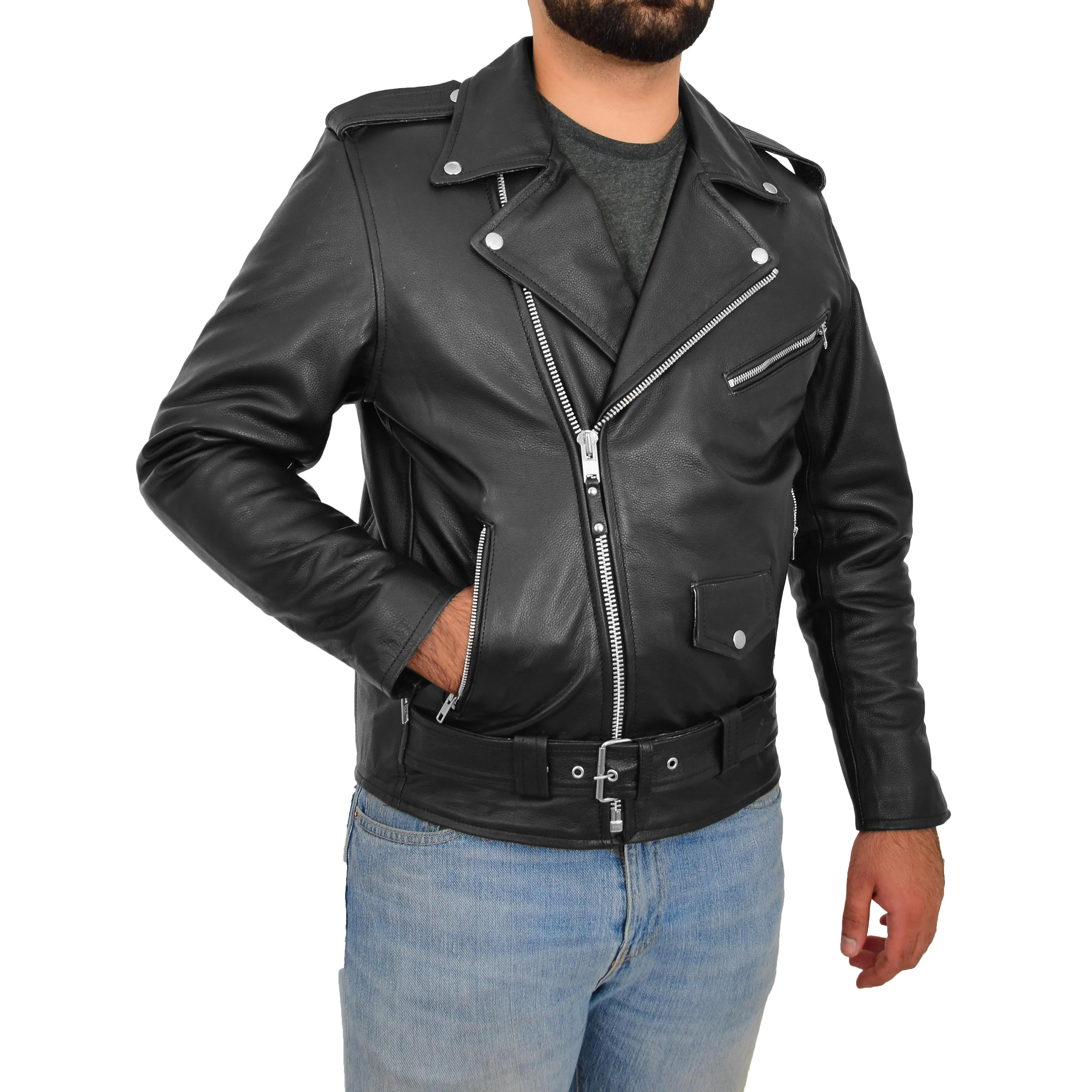 Mens Real Cowhide Biker Leather Jacket Rock Black