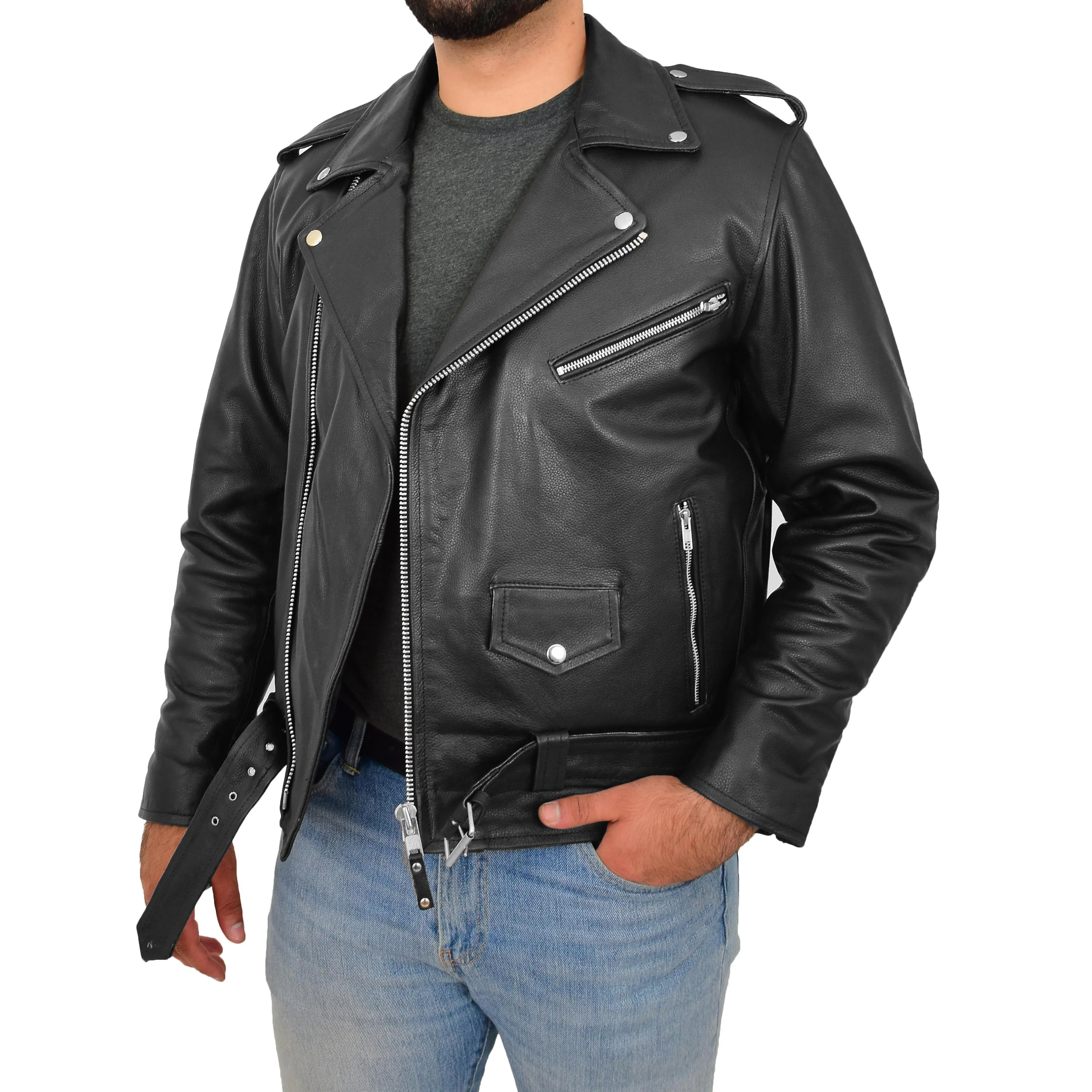 Mens Real Cowhide Biker Leather Jacket Rock Black