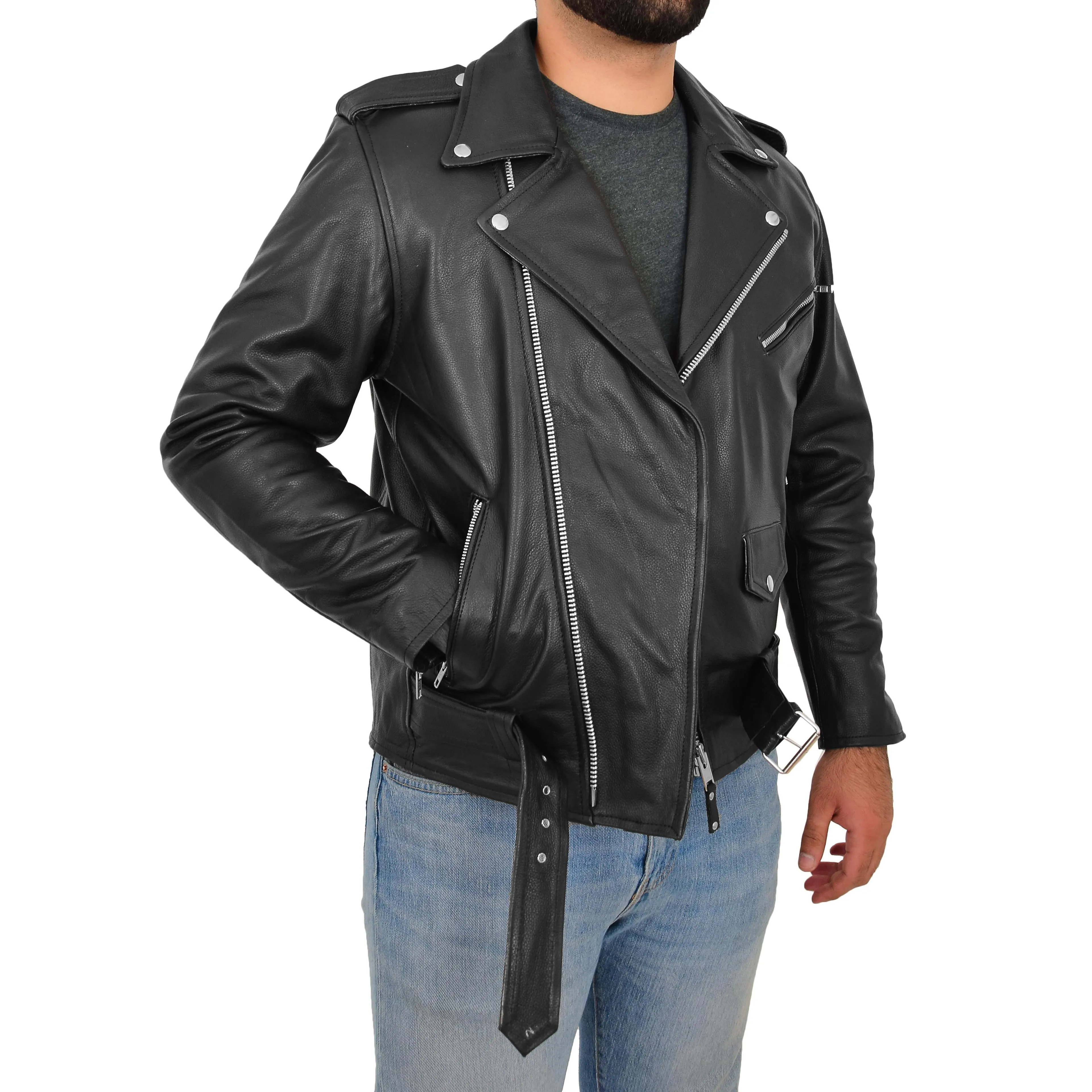 Mens Real Cowhide Biker Leather Jacket Rock Black