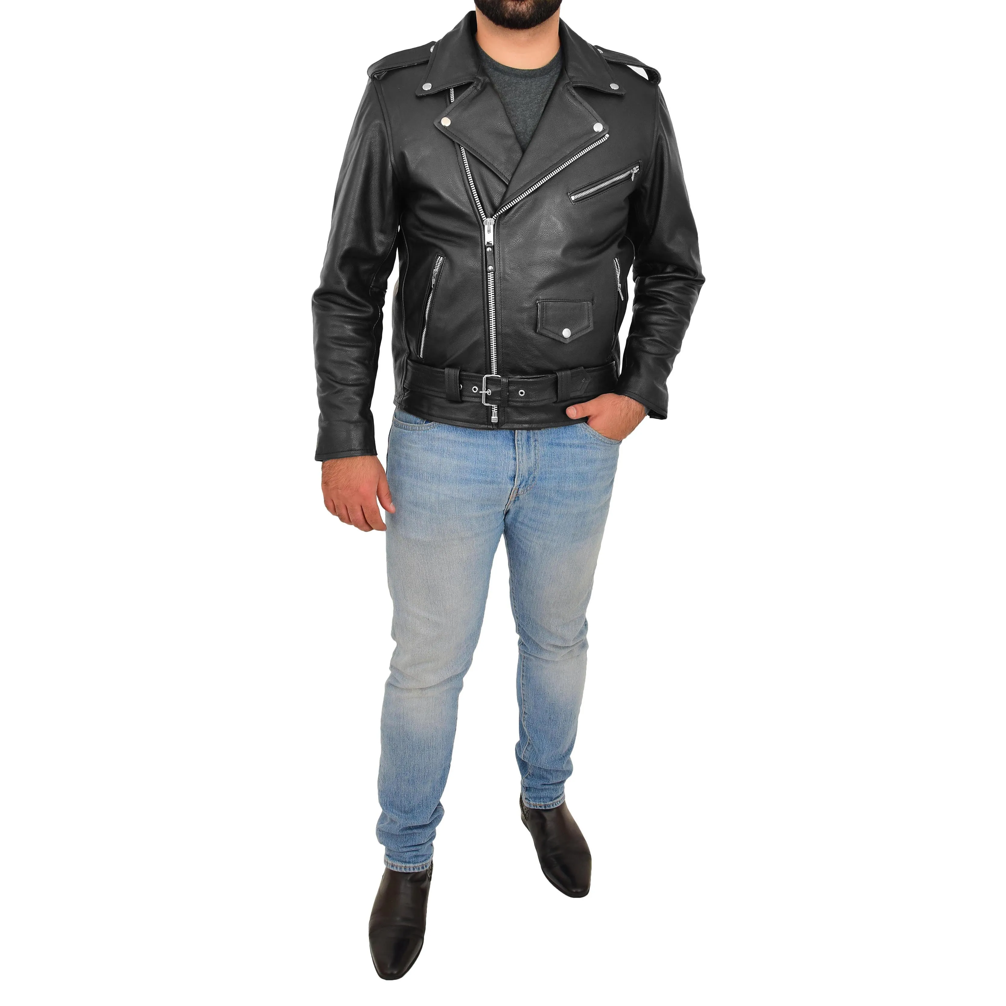 Mens Real Cowhide Biker Leather Jacket Rock Black