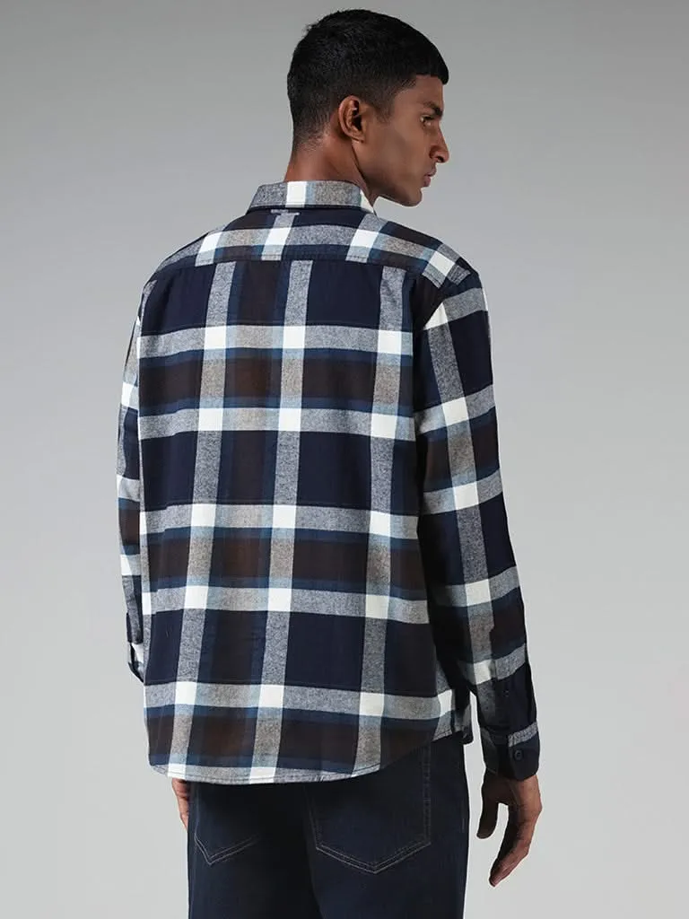 Nuon Dark Blue Checked Cotton Blend Relaxed-Fit Shirt