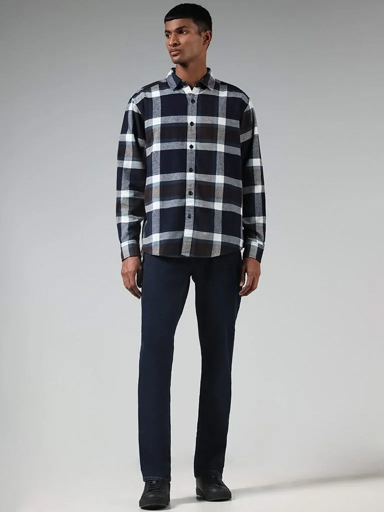 Nuon Dark Blue Checked Cotton Blend Relaxed-Fit Shirt