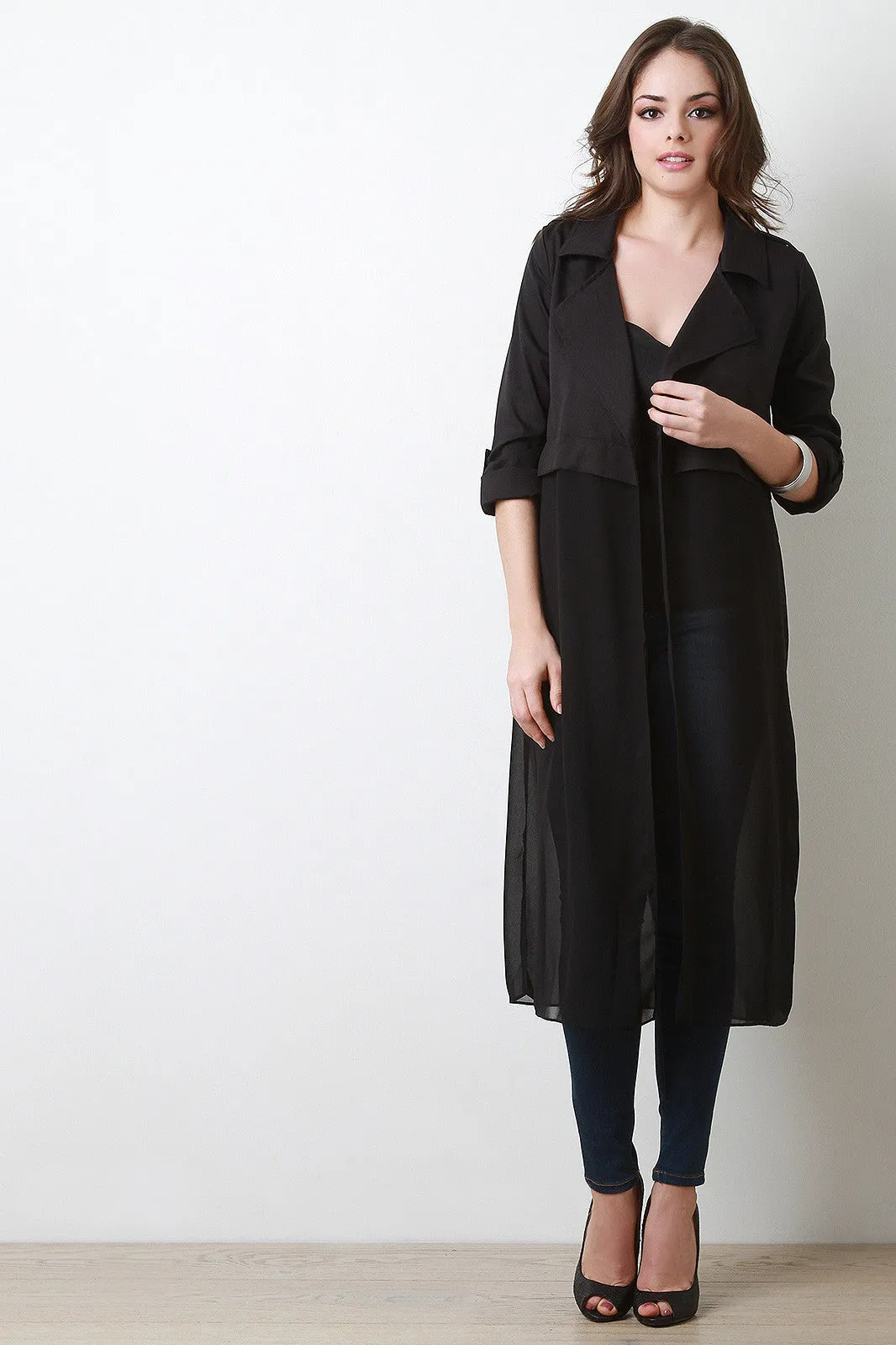 Open Front Roll-Up Sleeve Trench