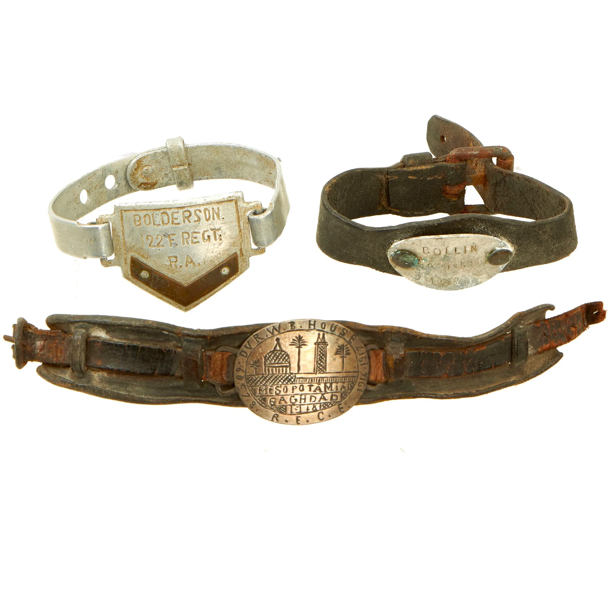 Original British WWI Trench Art Bracelet Lot of 3 With (1) Featured In The Book “Trench Art, An Illustrated History” by Jane Kimball on Page 200