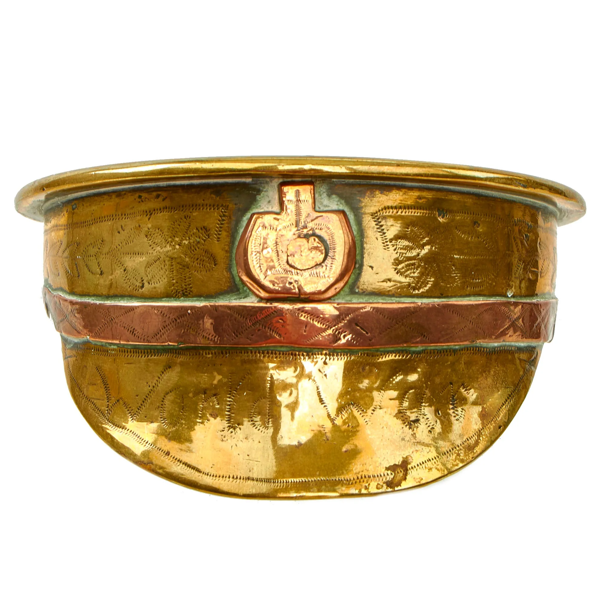 Original British WWI Trench Art “Souvenir of Peronne” Peaked Visor Cap Made From German 77mm Shell Casing