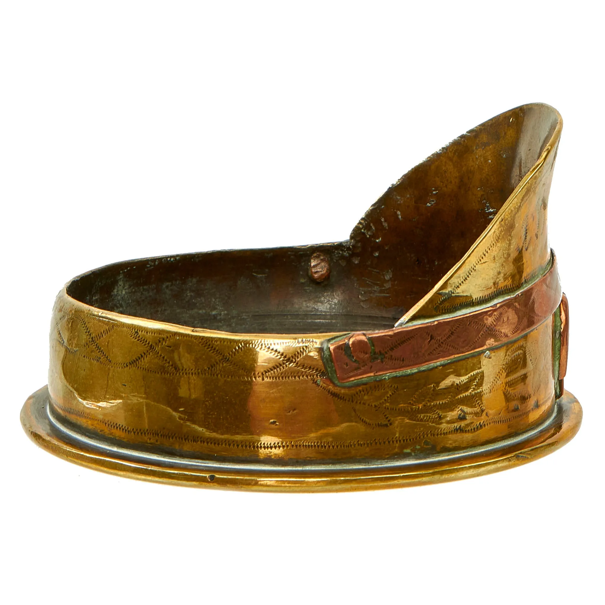 Original British WWI Trench Art “Souvenir of Peronne” Peaked Visor Cap Made From German 77mm Shell Casing