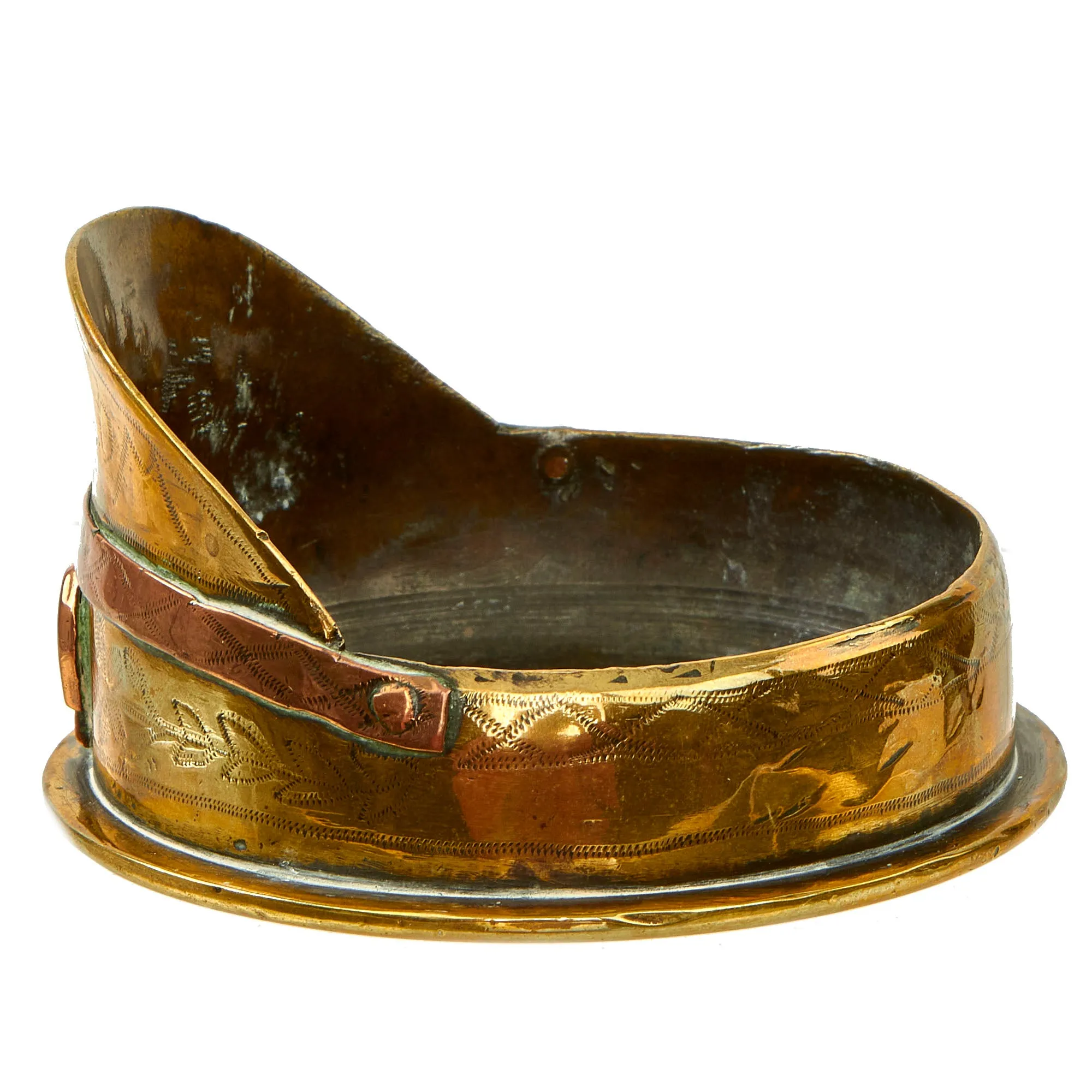 Original British WWI Trench Art “Souvenir of Peronne” Peaked Visor Cap Made From German 77mm Shell Casing