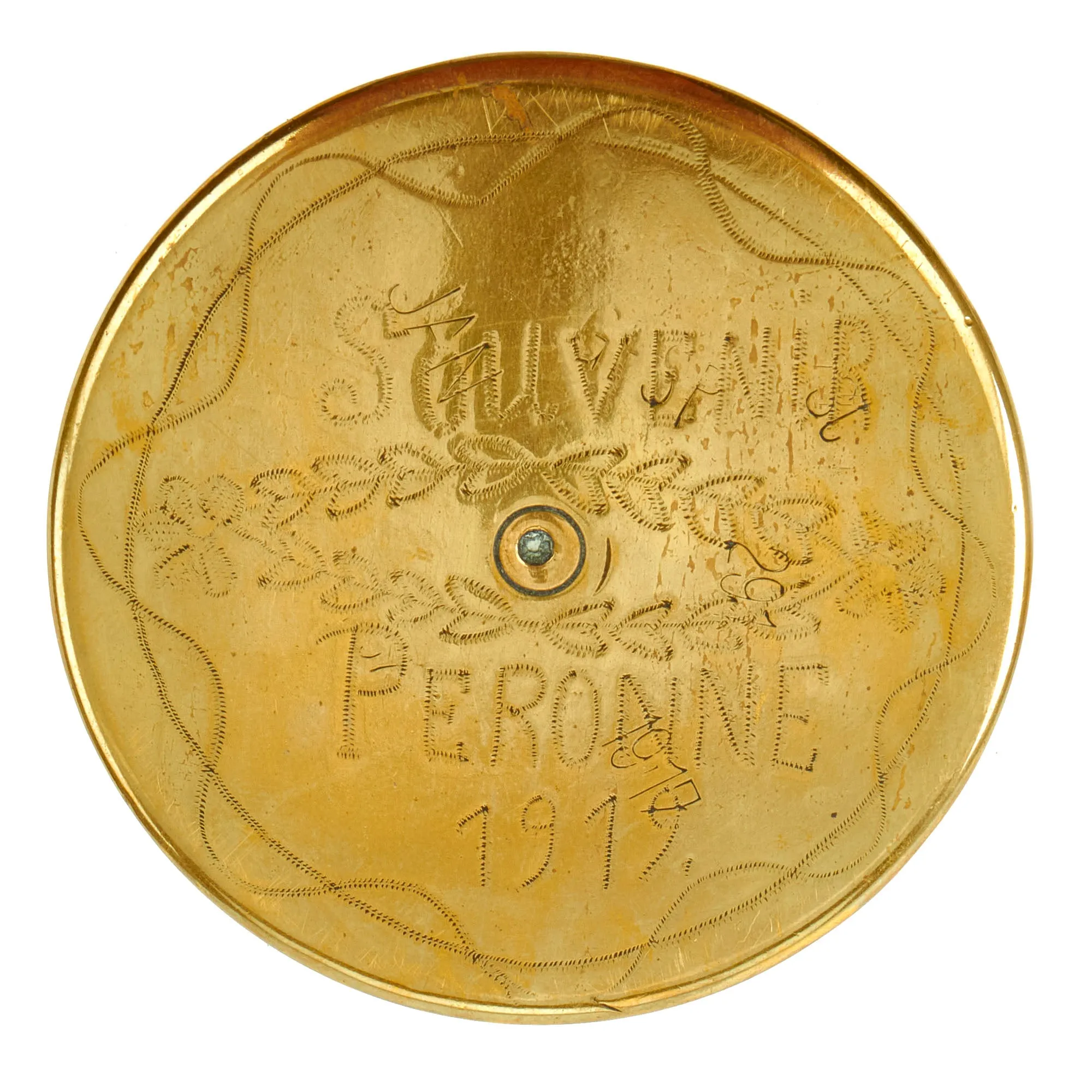 Original British WWI Trench Art “Souvenir of Peronne” Peaked Visor Cap Made From German 77mm Shell Casing