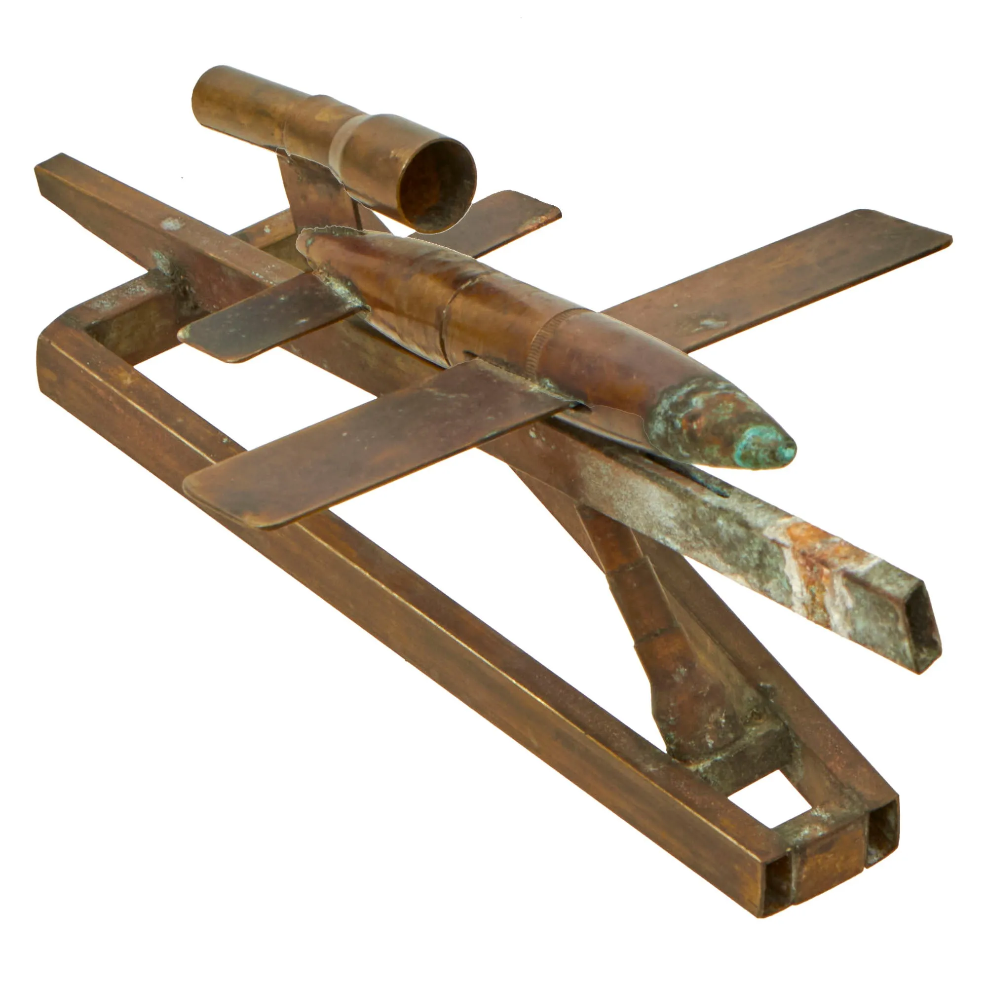 Original German WWII V1 Flying Bomb “Buzz Bomb” Trench Art on Stand Made from Brass Shells