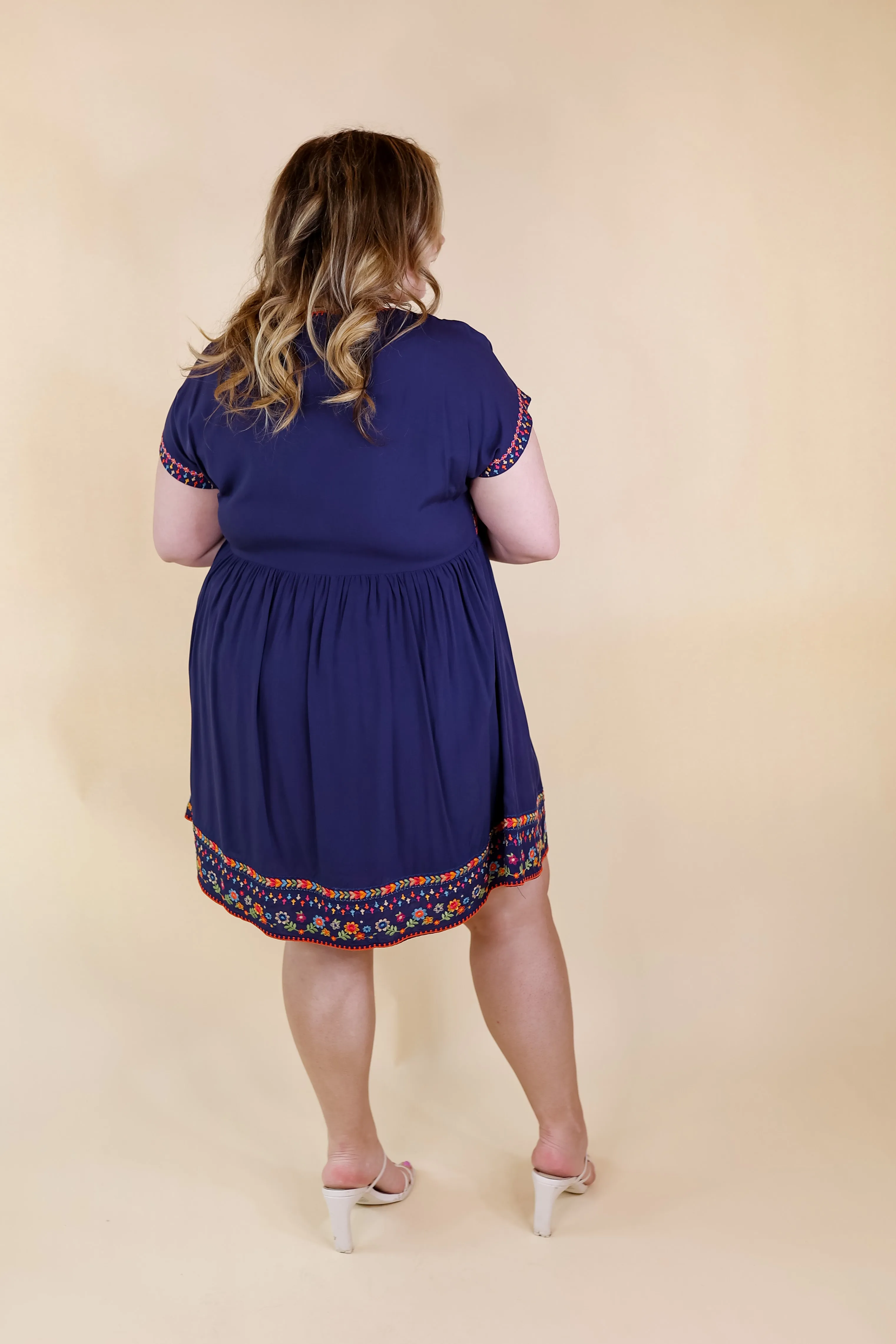 Passing Through V Neck Embroidered Dress with Short Sleeves in Navy Blue