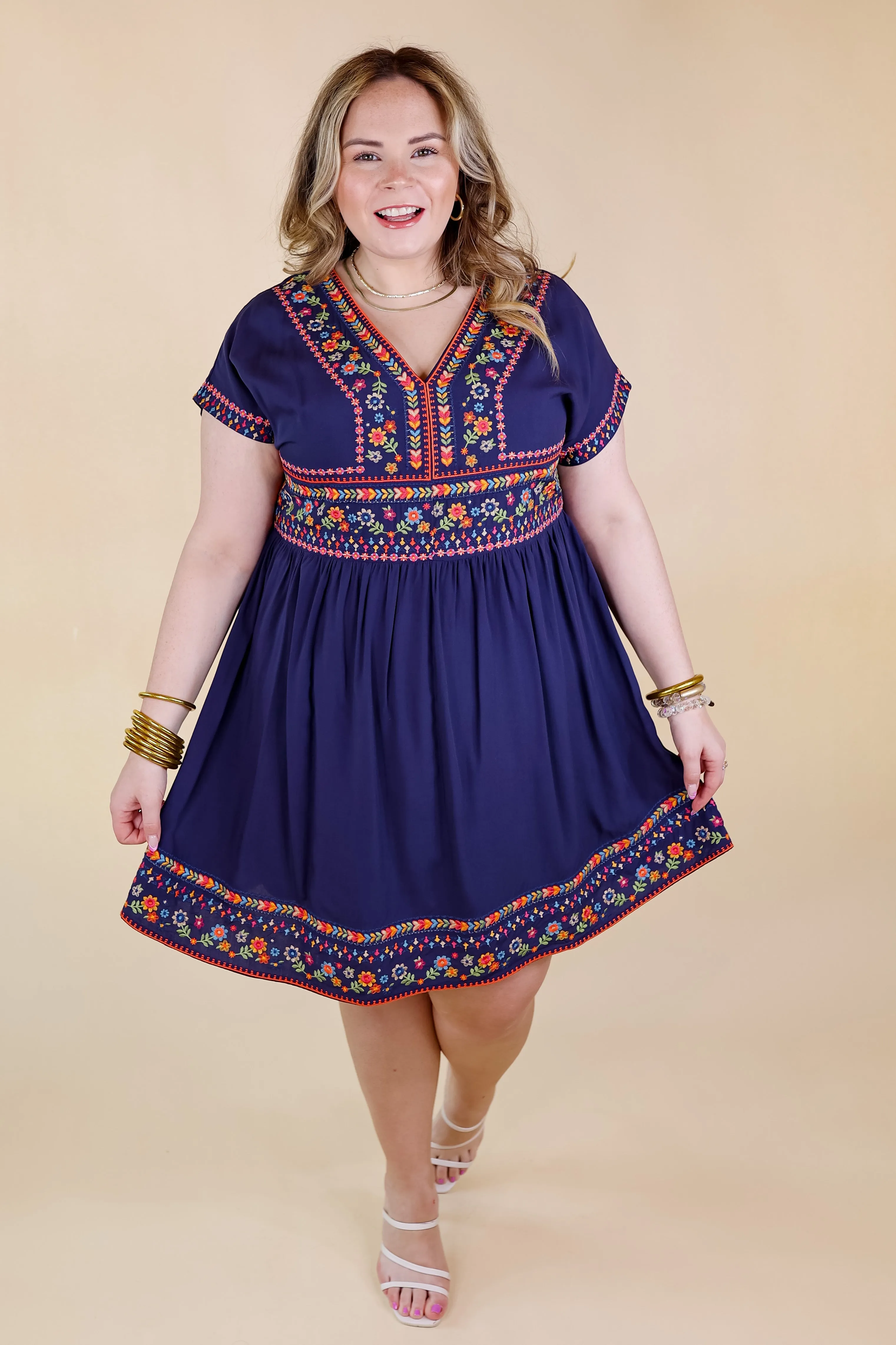 Passing Through V Neck Embroidered Dress with Short Sleeves in Navy Blue