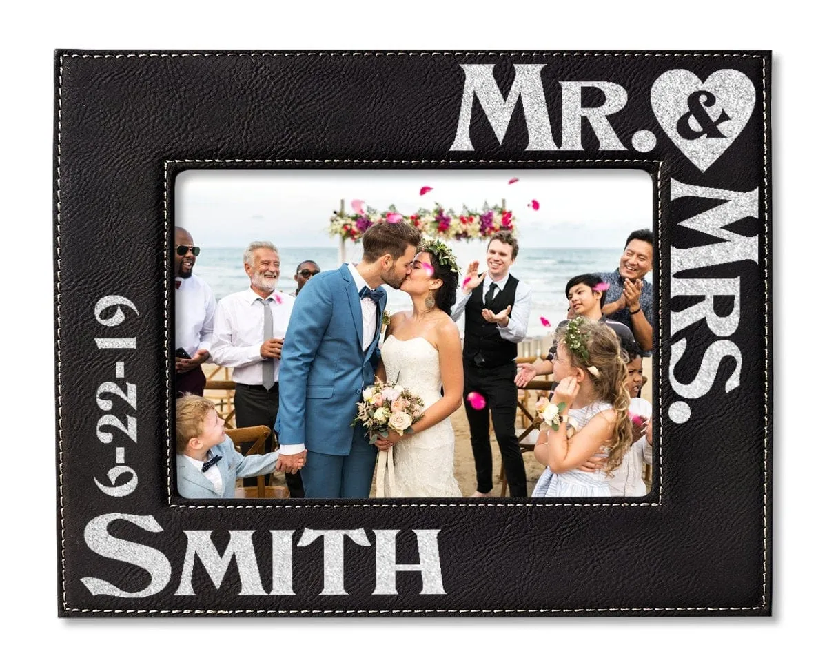 Personalized Mr & Mrs Picture Frame Wedding Gift for Newlywed Couple Custom Engraved Gold or Silver Leather Frame Customized with Last Name