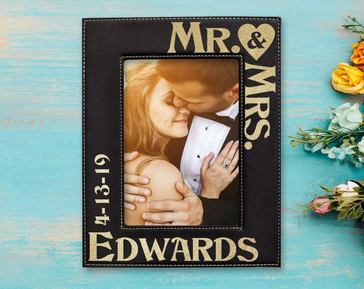 Personalized Mr & Mrs Picture Frame Wedding Gift for Newlywed Couple Custom Engraved Gold or Silver Leather Frame Customized with Last Name