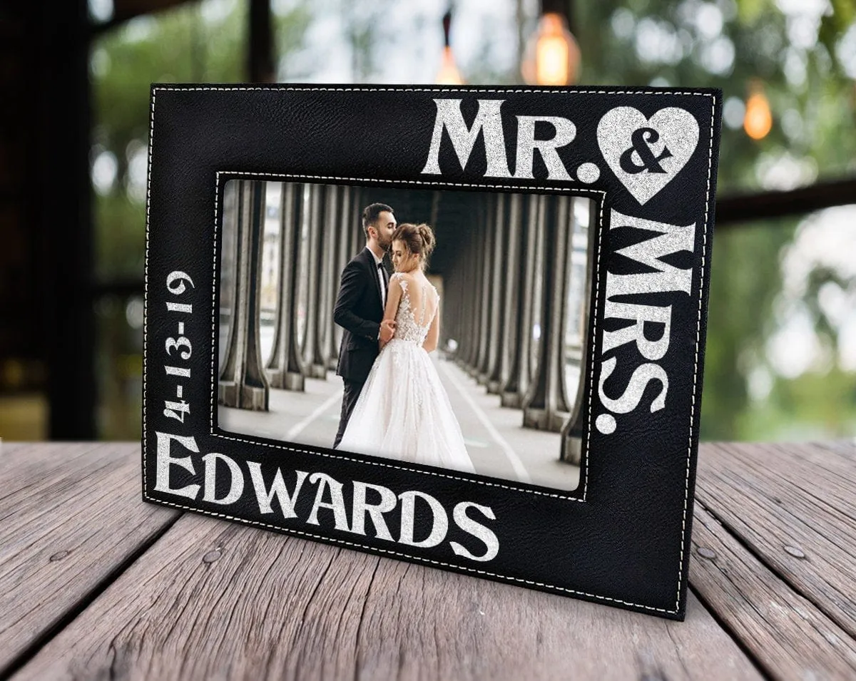 Personalized Mr & Mrs Picture Frame Wedding Gift for Newlywed Couple Custom Engraved Gold or Silver Leather Frame Customized with Last Name