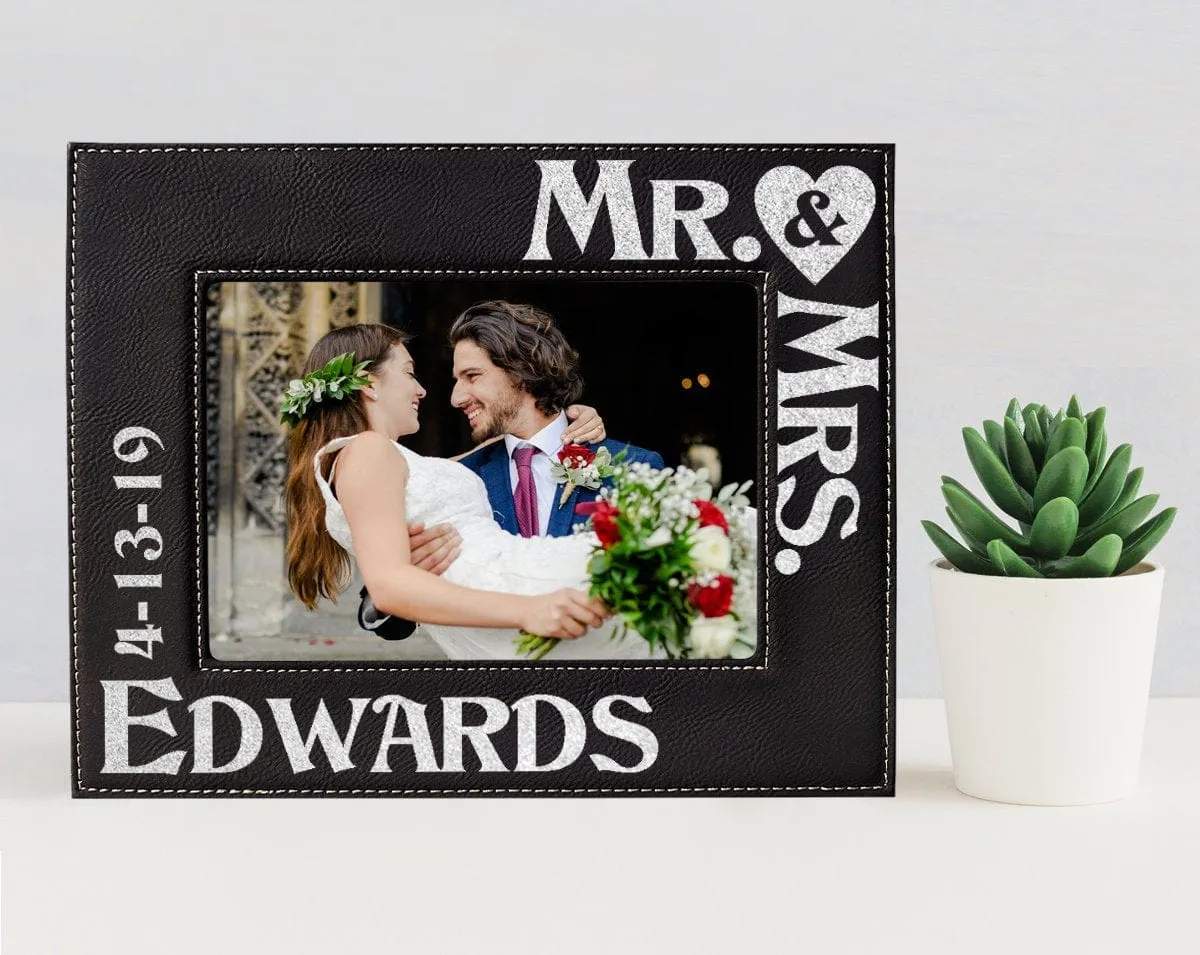 Personalized Mr & Mrs Picture Frame Wedding Gift for Newlywed Couple Custom Engraved Gold or Silver Leather Frame Customized with Last Name