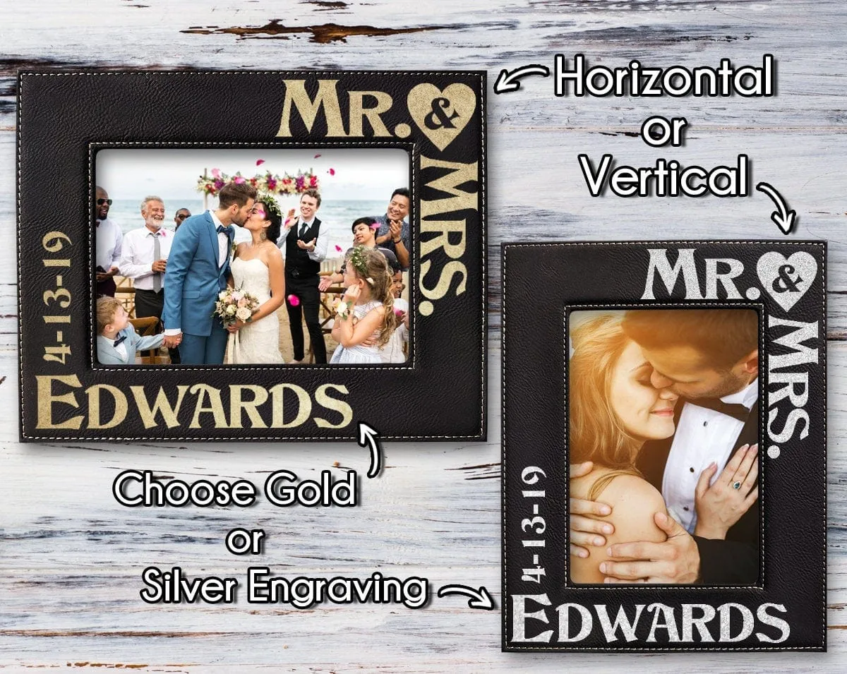 Personalized Mr & Mrs Picture Frame Wedding Gift for Newlywed Couple Custom Engraved Gold or Silver Leather Frame Customized with Last Name