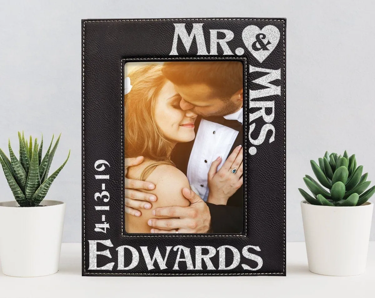 Personalized Mr & Mrs Picture Frame Wedding Gift for Newlywed Couple Custom Engraved Gold or Silver Leather Frame Customized with Last Name