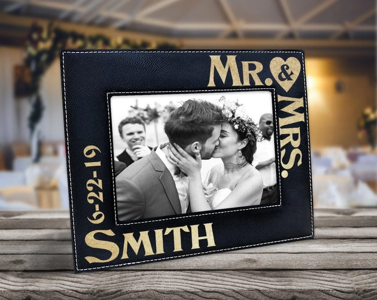 Personalized Mr & Mrs Picture Frame Wedding Gift for Newlywed Couple Custom Engraved Gold or Silver Leather Frame Customized with Last Name