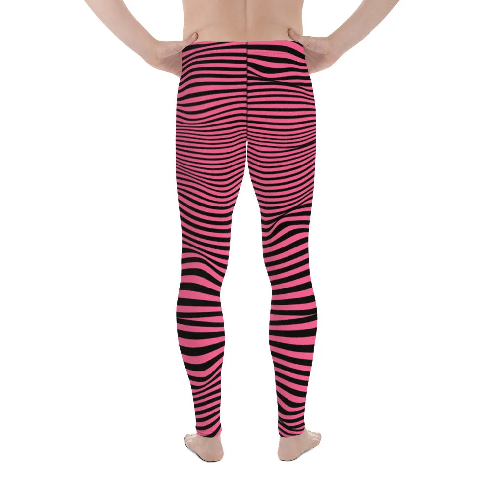 Pink Black Meshed Men's Leggings, Striped Premium Meggings Compression Running Tights-Made in USA/EU/MX