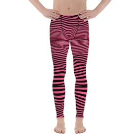 Pink Black Meshed Men's Leggings, Striped Premium Meggings Compression Running Tights-Made in USA/EU/MX