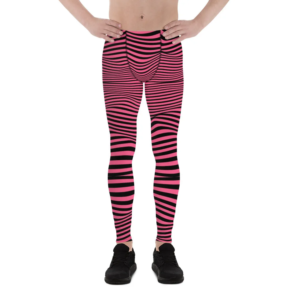 Pink Black Meshed Men's Leggings, Striped Premium Meggings Compression Running Tights-Made in USA/EU/MX