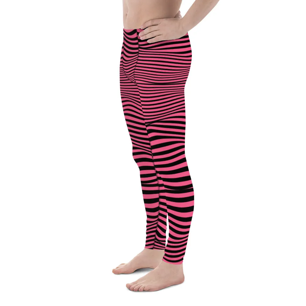 Pink Black Meshed Men's Leggings, Striped Premium Meggings Compression Running Tights-Made in USA/EU/MX