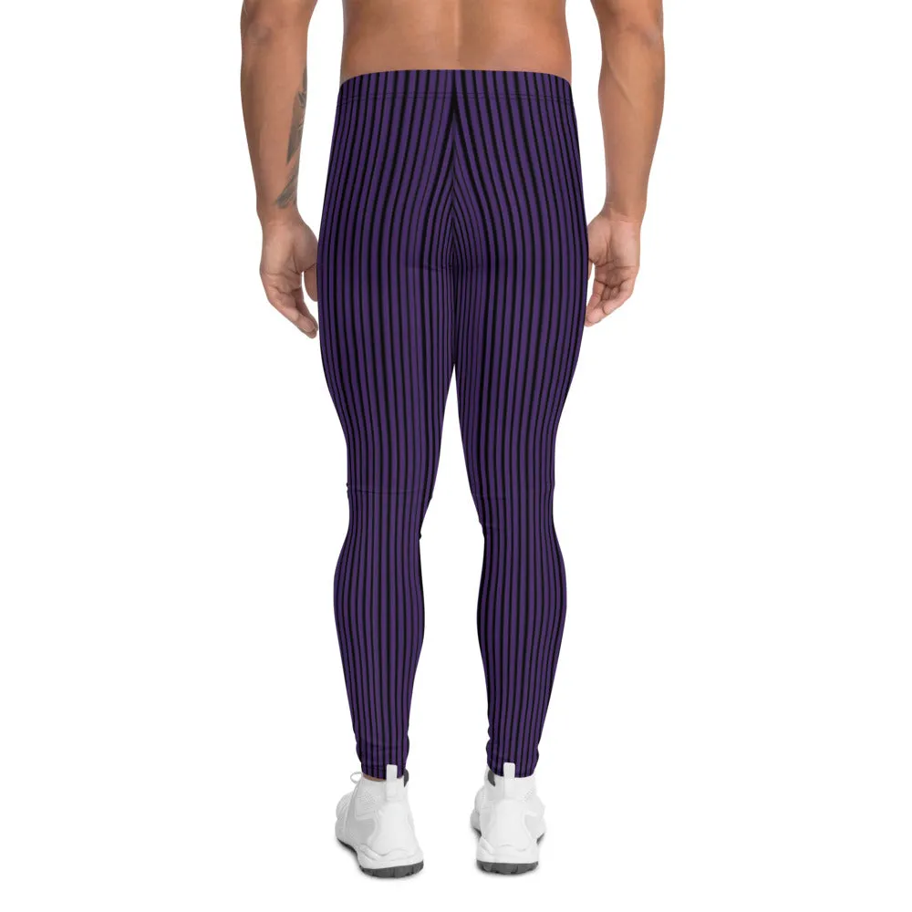 Pink Black Striped Men's Leggings, Vertical Stripes Meggings Run Tights-Made in USA/EU/MX