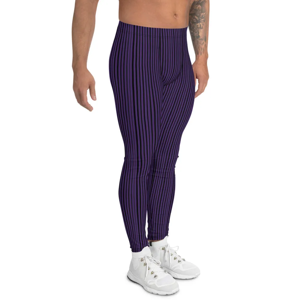 Pink Black Striped Men's Leggings, Vertical Stripes Meggings Run Tights-Made in USA/EU/MX