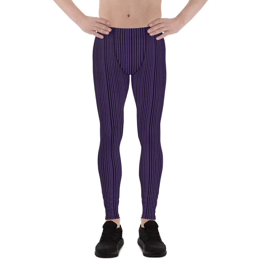 Pink Black Striped Men's Leggings, Vertical Stripes Meggings Run Tights-Made in USA/EU/MX