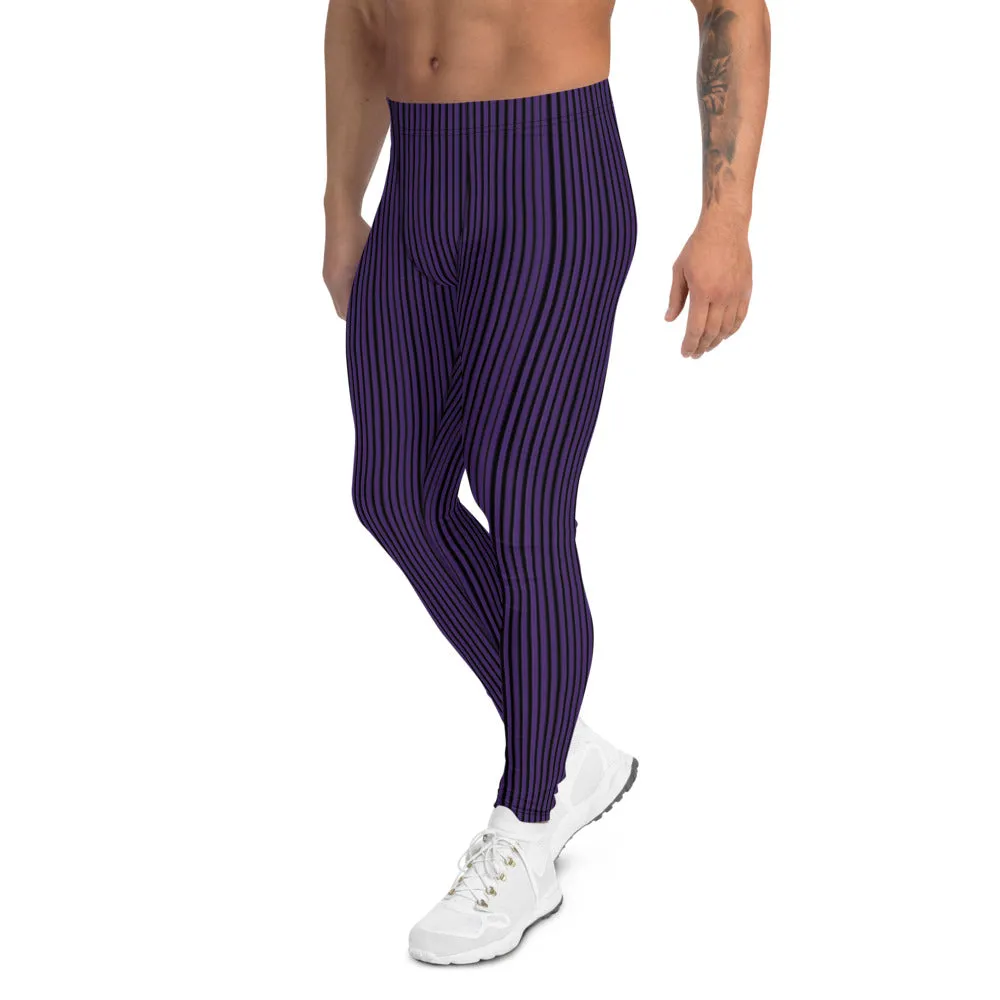 Pink Black Striped Men's Leggings, Vertical Stripes Meggings Run Tights-Made in USA/EU/MX