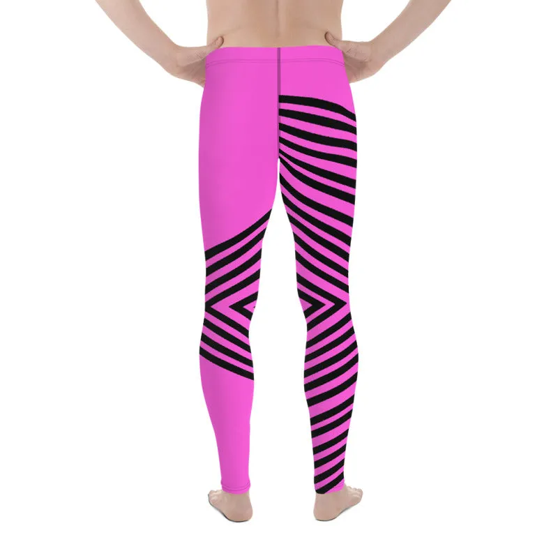 Pink Black Stripped Men's Leggings, Sexy Long Meggings Compression Tights-Made in USA/EU